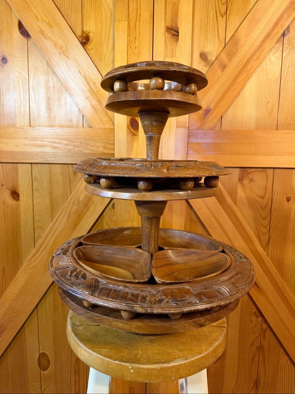 MCM Wood Carved Lazy Susan 3 Tier Centerpiece Serving Set
